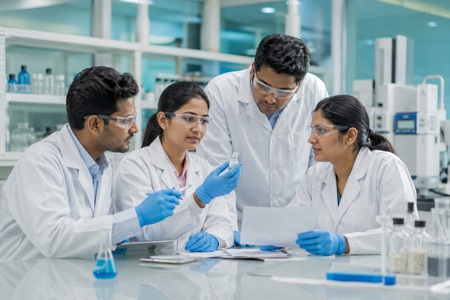 Pharmaceutical research team collaborating in a modern laboratory